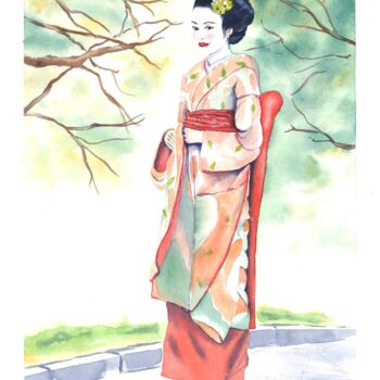 Painting titled "Japonaise en habit…" by Françoise Renou, Original Artwork, Watercolor
