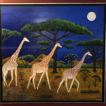 Painting titled "Girafes au clair de…" by Frank Guillard, Original Artwork, Oil