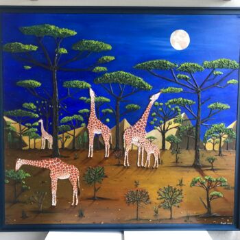 Pittura intitolato "Girafes au clair de…" da Frank Guillard, Opera d'arte originale, Olio Montato su Pannello di legno
