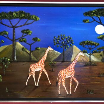 Painting titled "Girafes au clair de…" by Frank Guillard, Original Artwork, Oil Mounted on Wood Panel
