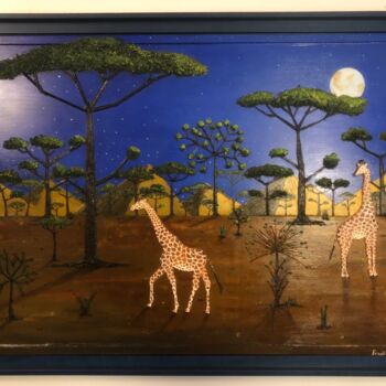 Painting titled "Girafes au clair de…" by Frank Guillard, Original Artwork, Oil Mounted on Wood Stretcher frame