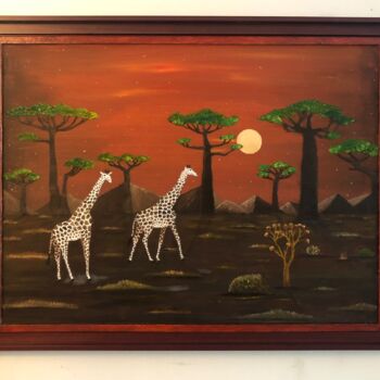 Painting titled "Girafes et lune rou…" by Frank Guillard, Original Artwork, Oil Mounted on Wood Stretcher frame