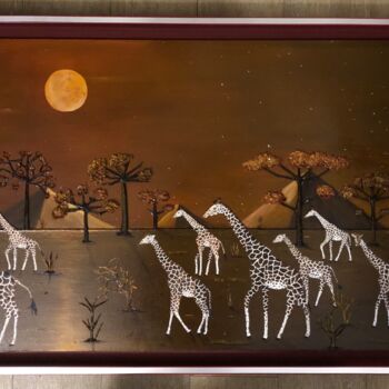 Картина под названием "Girafes sous lune r…" - Frank Guillard, Подлинное произведение искусства, Масло Установлен на Деревян…