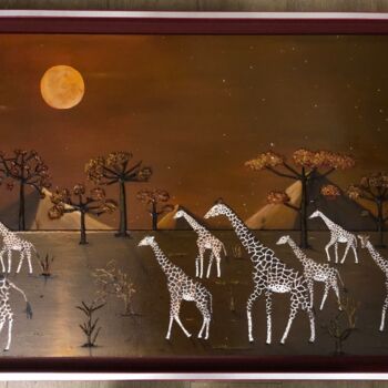 "Girafes et lune rou…" başlıklı Tablo Frank Guillard tarafından, Orijinal sanat, Petrol