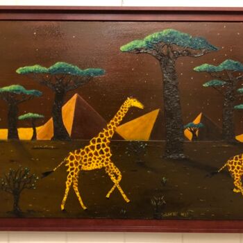 Pittura intitolato "Girafes et lune rou…" da Frank Guillard, Opera d'arte originale, Olio Montato su Telaio per barella in l…