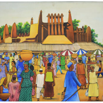 Painting titled ""Marché rose de Bam…" by Frank Keita, Original Artwork, Acrylic Mounted on Wood Stretcher frame