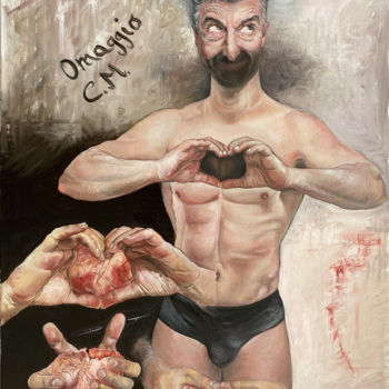 Pittura intitolato "omaggio a Cattelan…" da Frank-Oben, Opera d'arte originale, Olio