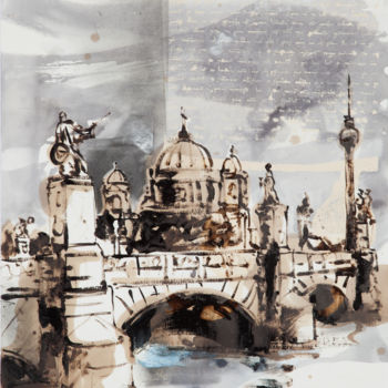 Drawing titled "Schlossbrücke Berlin" by Frank Roedel, Original Artwork, Ink Mounted on Cardboard