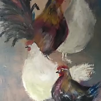 Peinture intitulée "Le coq et ses poules" par Françoise Sorrel, Œuvre d'art originale, Huile