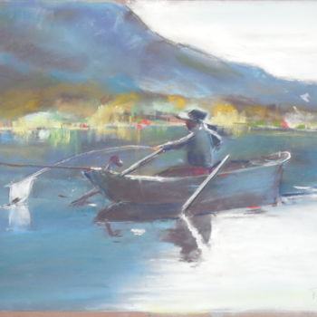 Painting titled "Le pêcheur au lac" by Françoise Sorrel, Original Artwork