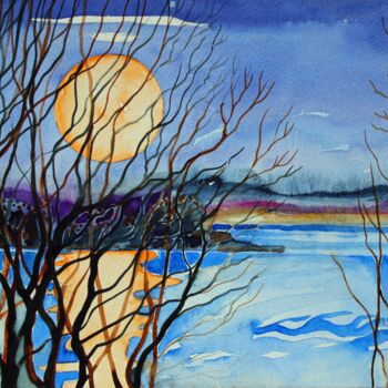 Peinture intitulée "The March Moon from…" par Fraser Maciver (1960 - 2019), Œuvre d'art originale, Aquarelle