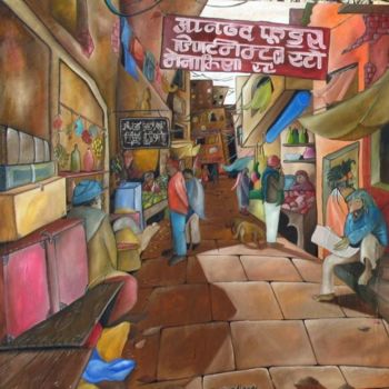 Painting titled "Rue indienne" by Fred Besnardiere, Original Artwork, Oil
