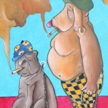 Pintura intitulada "Dogs smoke" por Fred Besnardiere, Obras de arte originais, Óleo