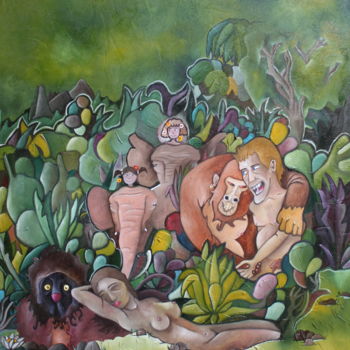 Painting titled "Jungle en famille" by Fred Besnardiere, Original Artwork, Oil