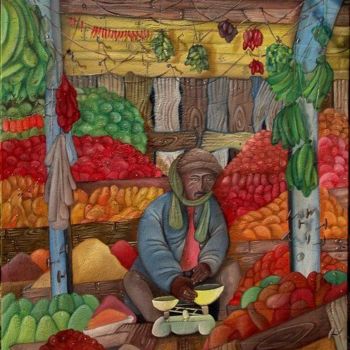 Painting titled "Marché de New Delhi" by Fred Besnardiere, Original Artwork, Oil