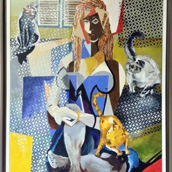 Painting titled "La dame aux chats" by Fred Eucharis, Original Artwork, Acrylic Mounted on Wood Stretcher frame