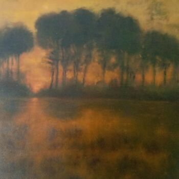 Pintura intitulada "Soir sur le marais" por Fred Haute, Obras de arte originais, Óleo