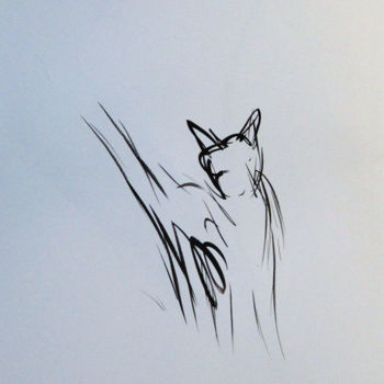 Dessin intitulée "Un chat heureux, en…" par Frédéric Belaubre, Œuvre d'art originale, Encre