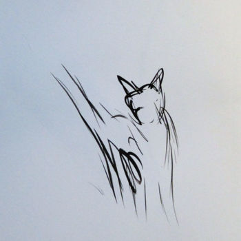 Drawing titled "Un chat heureux, en…" by Frédéric Belaubre, Original Artwork, Ink