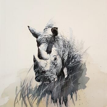 Peinture intitulée "Second Rhino" par Frédéric Berrin, Œuvre d'art originale, Encre