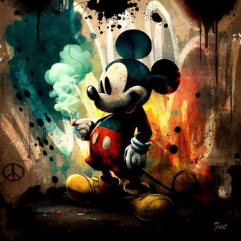Digital Arts titled "Mickey pause" by Frédéric Font (Chroma), Original Artwork, Digital Painting Mounted on Wood Stretcher f…