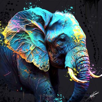 Digital Arts titled "Elephant V3" by Frédéric Font (Chroma), Original Artwork, Digital Painting Mounted on Wood Stretcher fr…