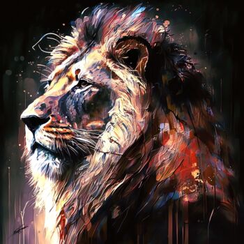 「Lion V3」というタイトルのデジタルアーツ Frédéric Font (Chroma)によって, オリジナルのアートワーク, デジタル絵画 ウッドストレッチャーフレームにマウント