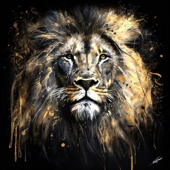 Digital Arts titled "Lion V4" by Frédéric Font (Chroma), Original Artwork, Digital Painting Mounted on Wood Stretcher frame
