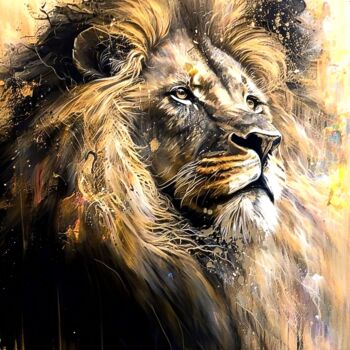 Digital Arts titled "Lion V5" by Frédéric Font (Chroma), Original Artwork, Digital Painting Mounted on Wood Stretcher frame