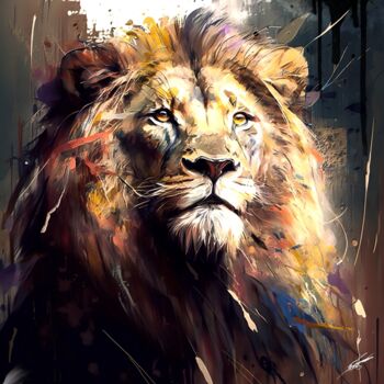 Digital Arts titled "Lion V6" by Frédéric Font (Chroma), Original Artwork, Digital Painting Mounted on Wood Stretcher frame