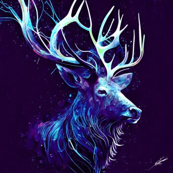 Digital Arts titled "Cerf V1" by Frédéric Font (Chroma), Original Artwork, Digital Painting Mounted on Wood Stretcher frame