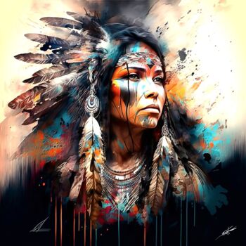 Digital Arts titled "La native américaine" by Frédéric Font (Chroma), Original Artwork, Digital Painting Mounted on Wood Str…