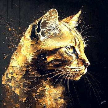 Digital Arts titled "Golden Cat" by Frédéric Font (Chroma), Original Artwork, Digital Painting Mounted on Wood Stretcher fra…