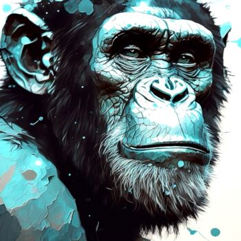 Digital Arts titled "bleue chimpanzé" by Frédéric Font (Chroma), Original Artwork, Digital Painting Mounted on Wood Stretche…