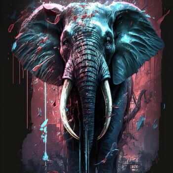 「Le Gracieux Elephant」というタイトルのデジタルアーツ Frédéric Font (Chroma)によって, オリジナルのアートワーク, デジタル絵画 ウッドストレッチャーフレームにマウント