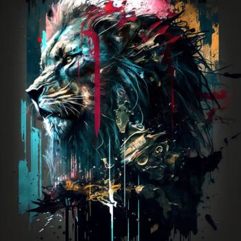 Artes digitais intitulada "Le lion en pleine s…" por Frédéric Font (Chroma), Obras de arte originais, Pintura digital Montad…