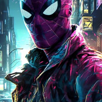 Digital Arts titled "Spiderman In Street" by Frédéric Font (Chroma), Original Artwork, Digital Painting Mounted on Wood Stre…