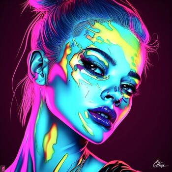 Digital Arts titled "Fluo Colors Face" by Frédéric Font (Chroma), Original Artwork, Digital Painting Mounted on Wood Stretch…