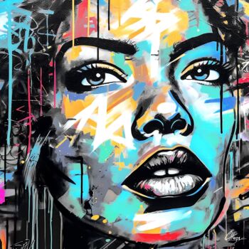 Digital Arts titled "Graffiti face" by Frédéric Font (Chroma), Original Artwork, Digital Painting Mounted on Wood Stretcher…