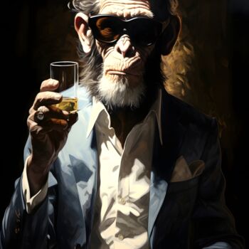 Digital Arts titled "Chimpanzé Élégant :…" by Frédéric Font (Chroma), Original Artwork, Digital Painting Mounted on Wood Str…