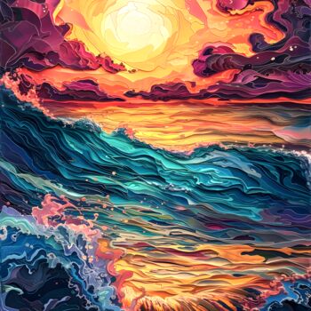 Digital Arts titled "Éclats Aquatiques J…" by Frédéric Font (Chroma), Original Artwork, Digital Painting Mounted on Wood Str…