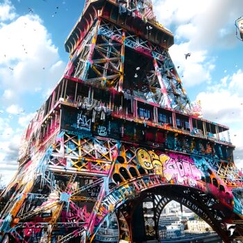 Digital Arts titled "La Tour Eiffel Revê…" by Frédéric Font (Chroma), Original Artwork, Photo Montage Mounted on Wood Stretc…