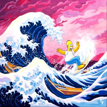Digital Arts titled "Homer Simpson: Surf…" by Frédéric Font (Chroma), Original Artwork, Digital Painting Mounted on Wood Str…