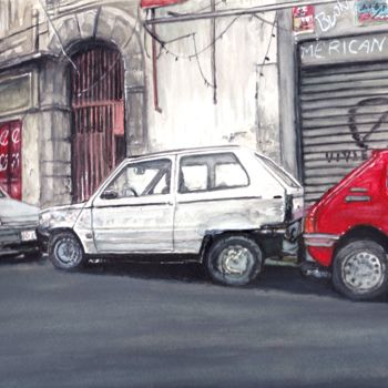 Painting titled "Fiat Panda-Renault5…" by Frédéric Fournier, Original Artwork, Watercolor