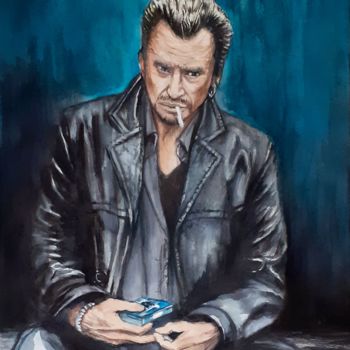 Painting titled "Johnny Hallyday" by Frédéric Fournier, Original Artwork, Watercolor