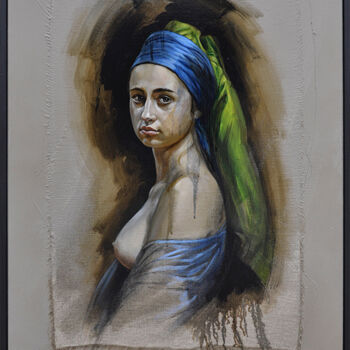 Painting titled "La jeune fille au t…" by Frédéric Martin, Original Artwork, Oil Mounted on Wood Stretcher frame
