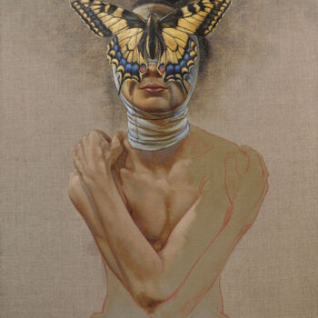 Painting titled "Le Papillon" by Frédéric Martin, Original Artwork, Oil Mounted on Wood Stretcher frame