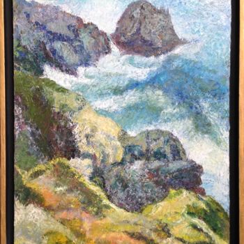 Painting titled "Marine falaise Cors…" by Frederic Wioland, Original Artwork, Oil Mounted on Wood Panel