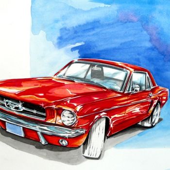 Disegno intitolato "FORD MUSTANG 1966" da Federico De Muro, Opera d'arte originale, Acquarello