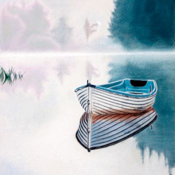 Peinture intitulée "Barque(s) à l'aube" par Fred Mahieu, Œuvre d'art originale, Pastel